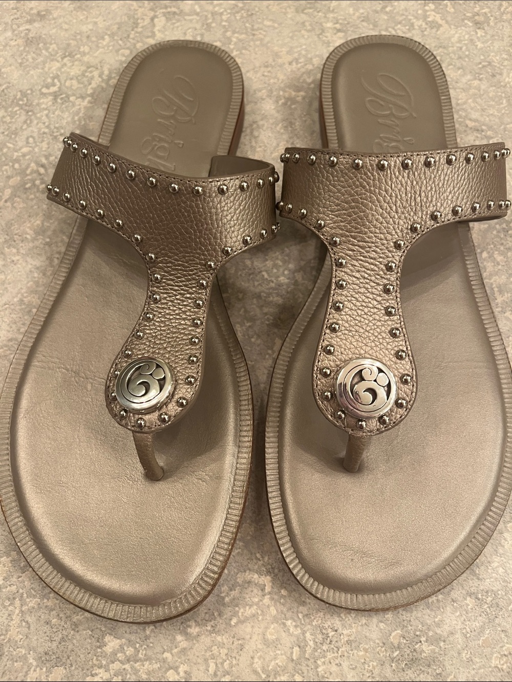 Brighton Metallic Taupe Leather Thong Sandals with Stud Accents